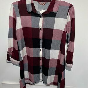 Amana Women's Multicolor Plaid Roll Up Sleeve Tunic‎ Button Up Shirt Small NWT
